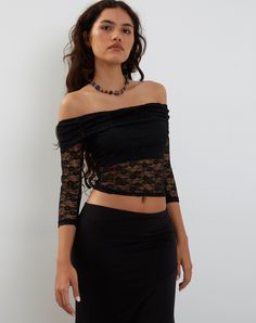 Lace Black Bardot Top | Nixie – motelrocks-com-us Lace Top For New Years, Luxury Lace Tops For Night Out, Luxury Delicate Lace Tops For Night Out, Cheap Flirty Black Top, Cheap Fitted Tops For Night, Cheap Fitted Lace Top For Night Out, Affordable Edgy Tops For Going Out, Black Lace Fabric, Sheer Crop Top