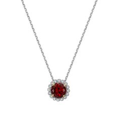 Sterling Silver Garnet and Created White Sapphire Halo Necklace  Adorn your neckline with the luxe look of this genuine gemstone necklace. Strung on a diamond-cut, cable chain, this classic drop design features a rich, red garnet surrounded with a sparkling halo of created white sapphires.        Necklace approx. 18"L      Drop approx. 11.9mm x 11.9mm     Stamped .925; rhodium plating; 18K yellow gold accents on prongs     Two-tone polished finish     Diamond-cut cable chain; lobster claw clasp   Stone Information       All sizes and weights approximate     Garnet - Faceted round; 2.17ct     Created White Sapphire - Faceted round; 16pc; 0.15cts Elegant Birthstone Necklace With Round Pendant On Cable Chain, Elegant Round Birthstone Necklace With Cable Chain, Formal Necklace With Round Gemstone Pendant, Formal Necklace With Round Pendant Gemstone Accents, Formal Necklace With Gemstone Accents And Round Pendant, Formal Necklace With Gemstone Accents, Elegant Birthstone Necklace With Gemstone Accents, Classic Gemstone Accented Necklaces For Anniversary, Classic Gemstone Accents Necklaces For Anniversary