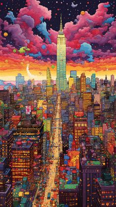 a painting of the empire building in new york city at night with colorful clouds and stars