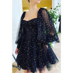 Starry Night Dress, Teuta Matoshi, Dresses Long Sleeves, Mini Prom Dresses, Tulle Evening Dress, Princess Gown, Short Homecoming Dress, Short Prom Dress, Aesthetic Black