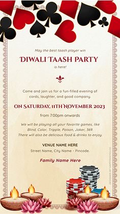 an image of a casino party with cards and poker chips on the front, along with text that reads diwali tash party