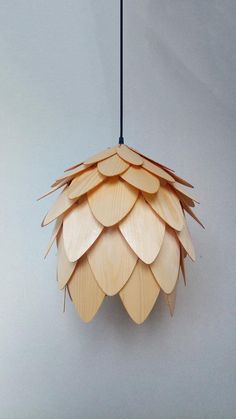 a wooden light fixture hanging from a black cord on a gray wall with white walls in the background