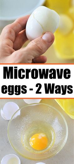 an egg is being boiled in a bowl with other eggs around it and the words microwave eggs - 2 ways