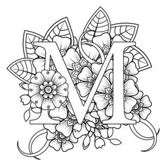 the letter m is surrounded by flowers and leaves