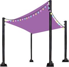 a purple tent with lights hanging from it