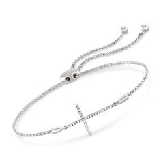 Ross-Simons - .10 ct. t. w. Diamond Sideways Cross Bolo Bracelet in Sterling Silver. Delicate, meaningful and right on trend. This simple sideways cross shines with .10 ct. t. w. diamonds on a polished sterling silver wheat chain bolo bracelet. Adjusts to fit most wrists and finishes with 3.8mm beads. Diamond sideways cross bolo bracelet. Diamond birthstones are the perfect gift for April birthdays. Bolo Bracelet, Bracelet Diamond, 8mm Beads, Diamond Birthstone, Gifts For Your Sister, Gold Cross Pendant, Cross Bracelet, Cross Pendant Necklace, Diamond Bracelets