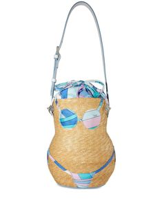 multicolour straw leather graphic print to the front appliqué logo adjustable shoulder strap drawstring fastening main compartment silk lining Straw Bucket Bag, Bucket Bag Style, Van Cleef Arpels, Emilio Pucci, Lady Dior, Lalique, Beach Bag, Valentino Garavani, Graphic Prints