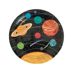 a paper plate with an image of the planets and stars on it, in black