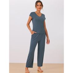 Made of soft stretchy modal fabric, keep you comfy with this casual-fit sleepwear set. These sets are suitable for daily, nightwear, sleeping, indoor, etc. Basic Sweatshirt set, cozy round neck, soft ribbed fabric, comfort and soft. This basic T-shirt and wide-leg pants set offer you comfort and casual loungewear. Solid color and basic design make this set classic and timeless for everyday wear. Perfect gift for all ladies when at home or enjoying a cozy lounging time. Comfortable Solid Color Sleep Sets, Comfortable Soft Touch Sleepwear For Loungewear, Blue Sleepwear Long Pants For Loungewear, Blue Long Pants Sleepwear For Loungewear, Comfortable Soft Touch Sleepwear For Relaxation, Comfortable Soft Touch Sleepwear, Comfortable Blue Lounging Set, Solid Color Sleepwear Long Pants For Loungewear, Comfortable Solid Color Sleepwear With Soft Touch