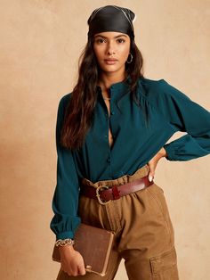 Crepe Covered-Button Blouse | Banana Republic Factory Button-up Blouse With Blouson Sleeves, Chic Blouson Sleeve Button-up Blouse, Chic Button-up Blouse With Blouson Sleeves, Trendy Blouse With Button Closure For Daywear, Chic Blouse With Button Cuffs For Fall, Casual Office Wear Blouse With Button Cuffs, Trendy Button-up Blouse With Button Cuffs, Trendy Workwear Blouse With Back Button Closure, Chic Fall Blouse With Button Cuffs