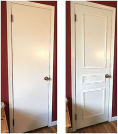 two pictures of the same door in different stages of being painted white and then red