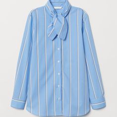 100% Cotton Shirt Baby Blue With Off White Stripes, Tie Neck Product Pic Offers Accurate Color Of Shirt Button Front Shirttail Hem May Run A Size Big (Per Reviews)/Could Fit A Size 10 Chic Collared H&m Shirt, Chic Collared Shirt From H&m, Chic Collared Shirt By H&m, H&m Summer Office Tops, H&m Collared Shirt For Spring, H&m Long Sleeve Shirt For Work, H&m Collared Blouse For Work, H&m Spring Office Tops, H&m Cotton Workwear Shirt