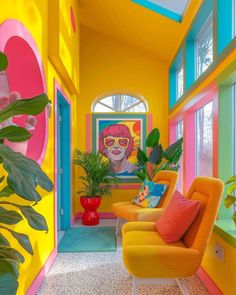 a brightly colored room with yellow chairs and potted plants