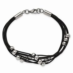 Item Specification: Finish:Polished Length of Item:8 in Material: Accents:Leather Material: Accent Color 1:Black Chain Length:8 in Chain Width:12 mm Clasp /Connector:Lobster (Fancy) Material: Primary:Stainless Steel Item Weight U/M:gm Width of Item:12 mm Product Type:Jewelry Jewelry Type:Bracelets Sold By Unit:Each Bracelet Type:Cord, Leather & Rubber Material: Primary - Color:White Beaded Leather Bracelet With Round Beads, Elegant Leather Beaded Bracelets, Elegant Beaded Leather Bracelets, Leather Bracelets With Round Beaded Details, Elegant Black Beaded Leather Bracelet, Leather Bracelet With Round Beaded Details, Adjustable Black Leather Beaded Bracelets, Black Leather Bracelet With Stainless Steel Clasp As Gift, Black Stainless Steel Leather Bracelet For Everyday