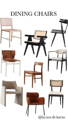 dining chairs in different styles and colors with text overlay that reads, dining chairs