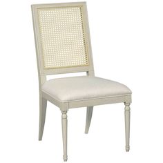 a white chair with a beige upholstered back and seat cushion on an isolated white background