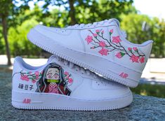 Airforce one Nezuko Kamado and flowers custom sneaker, ideal gift, for her, birthday, Christmas - The pair is included in the displayed price - Authentic Nike Airforce 1 Sneakers - 100% handmade work - Quality and permanent paint - A modification? Note it when validating your order. For more information, questions, requests; Do not hesitate to contact me. Email: customlyon@gmail.com Instagram: @customlyon Custom Painted Shoes, Custom Shoes Diy, Nike Shoes Air Force, Custom Nike Shoes, Unique Sneakers, Air Force 1 Custom, Nike Free Run, Nike Air Shoes, Baskets Nike