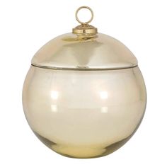 a large round glass container with a gold lid and handle on the top, set against a white background