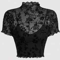 Black Summer Floral Print Lettuce Trim Mesh Overlay Top Black Sheer Stretch Crop Top, Black Sheer Crop Top For Spring, Spring Sheer Black Crop Top, Elegant Cropped Black Top, Sheer Short Sleeve Crop Top, Elegant Black Short Sleeve Crop Top, Elegant Fitted Black Mesh Top, Fitted Black Blouse For Summer, Elegant Black Crop Top