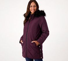 Cozy, warm, and lined with faux fur, this parka is perfect for frosty mornings at the bus stop, holiday light-gazing with your little ones, and picking up a hot mocha at lunchtime. With a detachable hood and two side pockets, it's as convenient as it is indulgent. From Nuage. Quilted Parka, Bus Stop, The Bus, Black Faux Fur, Fur Hood, Parka Jacket, Detachable Hood, Purple And Black, Jeans And Boots