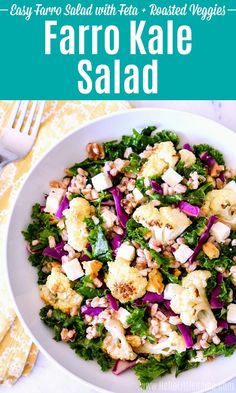 a white bowl filled with kale salad on top of a yellow and white table cloth