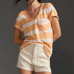 Anthropologie: Splendid Short Sleeve Top Cream And Peach/Orange Color Stripes Loose Style With V-Neck Size Large Measurements Laying Flat: Chest Pit To Pit 21” Length Shoulder To Hem 27.5” Soft Fabric: 95% Rayon And 5% Spandex K: New With Tag Stock Pic1 Is A Similar Style Orange V-neck Top For Day Out, Orange Relaxed Fit Top For Work, Workwear Orange Top With Relaxed Fit, Chic Orange Short Sleeve Top, Casual Orange Tops For Work, Orange Relaxed Fit Tops, Stripes Blouse, Peach Orange Color, Peach Orange