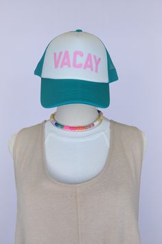 Escape to paradise with our Vacay Trucker Hat. Crafted for those who crave sun-soaked adventures and carefree vibes, this hat is your ticket to tropical bliss. Featuring a classic trucker design with a breathable mesh back, it's perfect for keeping cool as you explore new destinations or lounge poolside. The adjustable snap strap ensures a comfortable fit for all-day wear. - Breathable Mesh Back - Adjustable Snapback Spring Vacation Trucker Hat, Trendy Summer Snapback Hat For Outdoor, Trendy Snapback Hat For Summer Outdoor, Trendy Snapback Hat For Summer, Blue Baseball Cap For Summer Vacation, Summer Mesh Trucker Hat With Curved Brim, Summer Trucker Baseball Cap, Trendy Trucker Hat With Uv Protection Snapback, Trendy Summer Trucker Hat For Travel