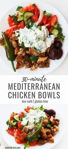 two plates with different types of food on them and the words 30 minute mediterranean chicken bowls