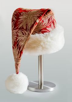 Elegant and stylish Santa Hat made from high quality golden embroidered lace and red cotton velvet fabric. The trim is made of soft fluffy faux fur. Perfect for Christmas. This unique design will definitely make you stand out during Christmas time. Universal size which will fit most of Ledies/Gents heads. Hand Washable in 30 degrees Red Christmas Hat For Festive Occasions, Female Santa, Sewing Hats, Christmas Hats, Gold Costume, Holiday Hats, White Faux Fur, Costume Hats, Christmas Hat