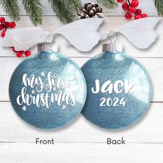 two christmas bauble ornaments with the names of each ornament on them