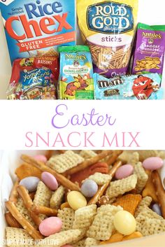 an easter snack mix in a white bowl