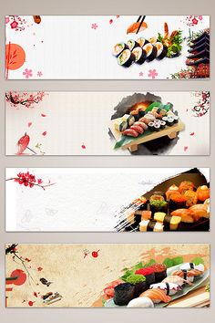 three horizontal banners with sushi images on them