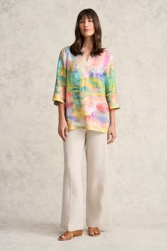 Printed Linen Tunic - Abstract Landscape Print Spring Split Neck Top For Daywear, Daywear Relaxed Fit Tunic With Split Neck, Casual Multicolor V-neck Tunic, Spring Tunic With 3/4 Sleeve And Relaxed Fit, Relaxed Fit Split Neck Tunic For Daywear, Multicolor Linen Tops For Spring, Casual V-neck Tunic For Spring, Floral Print Linen V-neck Top, V-neck Linen Tops With Floral Print