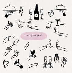 a bunch of hand drawn images with wine glasses and food on them, as well as the words pnc i svg eps