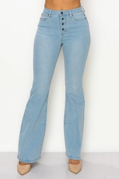 A pair of woven bell-bottom denim jeans in a solid color featuring a button-down closure, high rise waist, traditional five-pocket construction, belt loops, and a full length. FABRIC & CARE Fabric: 75%COTTON 15%POLYESTER 8%VISCOSE 2%SPANDEX Wrinkle Resistant: Wrinkle resistant technology keeps you looking your best from day to night Care: Machine wash FIT & SIZING True to size Note if in between sizes we suggest sizing up High Waist Denim Flares With Five Pockets, High Waist Light Wash Denim Flares, Blue High Waist Flare Jeans With Button Zip Fly, Blue Flare Jeans With Button Closure For Fall, Fitted Medium Wash Flare Jeans With Button Closure, Blue Mid-rise Flare Jeans With Button Zip Fly, Casual Flare Bottoms With Button Closure, Trendy Light Wash Pants With Button Closure, Mid-rise Flare Jeans With Button Closure For Fall