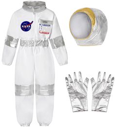 PRICES MAY VARY. ASTRONAUT NASA COSTUMES - The white astronaut costume comes with silver gloves and hat. The design of elastic waist and cuff make the costume fit kids well whether for 3 4 5 or 6 7 year old. Space-theme patterns blazoned across the cloth and the name tag pocket add to the reality effect. EASY to WEAR - The astronaut jumpsuit is fabricated with your kids comfort in mind! Wrist, waist and ankles have an elastic band for comfortable fit. And it comes with a high-quality zipper to e Astronauts Costume, Nasa Costume, Space Jumpsuit, Kids Astronaut Costume, Full Body Jumpsuit, Pilot Costume, Kids Leotards, Astronaut Suit, Costume Carnaval