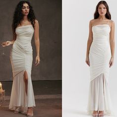 This Dress Is Like A Modern Day Fairytale, Gorgeously Designed In A Lightweight Georgette That's Beautifully Ruched Over Your Curves And Sweeps The Floor With Graceful Movement. The Bodice Is Boned To Cinch Your Waist And Is Supported With Underwired Cups. The Delicate Satin Strap Adjusts For The Perfect Fit. Hugging Your Curves 'Pearla' Is A Dream In Ivory And Your Elegant Choice For Those Extra Special Events. It Zips To The Back For Easy On.The 'Regular Cup' Option Suits Cup Size A-C Whilst T White Pre-draped Dress With Ruched Bodice, White Ruched Evening Dress For Formal Occasions, Pre-draped White Dress With Ruched Bodice, White Dress With Ruched Fitted Bodice, White Pre-draped Dress With Fitted Bodice, White Ruched Dress With Fitted Bodice, Formal White Ruched Evening Dress, White Formal Maxi Dress With Ruched Bodice, White Maxi Dress With Ruched Bodice For Formal Events