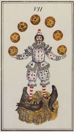 a tarot card with an image of a clown and five of pentacles