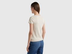 Short sleeve crew neck sweater in pure tricot cotton. Comfy and versatile, it pairs with many outfits. Wear it by itself or as a springtime under-jacket. Stockinette Stitch, Clothing Care, Short Sleeved Sweaters, Crew Neck Sweater, Neck Sweater, Ribbed Knit, Knitwear, Crew Neck, Pure Products