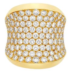 Exquisite Concave wide ring by Cartier France, set with approx. 4.20ctw in diamonds. Ring is a size 4.5, ring top is 23mm wide. Marked: Cartier, 750, 48, 367674, French mark on the outside of the shank. Comes with Cartier box. Weight - 17 grams. Yellow Gold Eternity Ring, Cartier Diamond, Cartier Gold, Cartier Love Ring, Diamond Gold Ring, Eternity Ring Gold, Platinum Diamond Rings, Wide Ring, Diamonds Ring