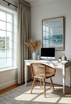 coastal home decor ideas Coastal Office Ideas Beach, Boho Beach Office, Coastal Home Office Ideas, Modern Coastal Office, Light Blue Home Office, Coastal Office Ideas, Beach Office Decor, Beach Theme Office, Calm Office