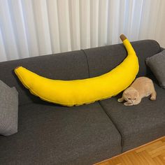 a cat laying on top of a couch next to a banana pillow