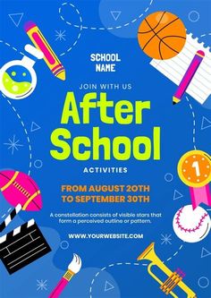 the flyer for an after school event with various items in blue and pink colors, including a