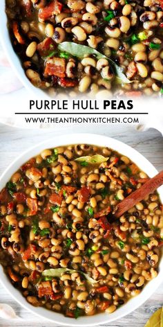 two bowls filled with beans and vegetables on top of a wooden table