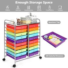 a multicolored storage rack with lots of drawers and trays on wheels for small items