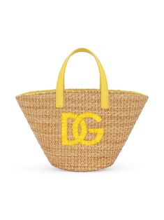 sand beige/canary yellow straw interwoven design embroidered logo to the front Majolica print two flat top handles top drawstring fastening main compartment Majolica Print, Chloe Purses, Kids' Bag, Straw Tote Bag, Dolce And Gabbana Kids, Stefano Gabbana, Beach Gear, Kenzo Kids, Canary Yellow