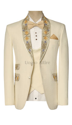 Off White Tuxedo Suit for Party and Wedding Luxury Gold Suit For Party, Gold Tuxedo Suit For Party, Elegant Fitted Gold Suit, Gold Elegant Party Suits, Elegant Gold Party Suit, Gold Notch Lapel Suit For Party, Gold Notch Lapel Suits For Party, White Fitted Suit For Wedding Guest, Fitted White Suit For Wedding Guest