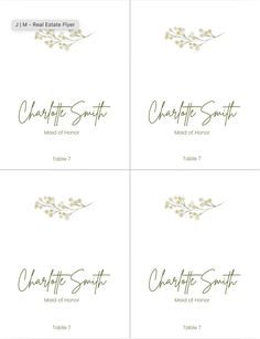 four business cards with the words charlotte smith and charlotte smith written in green ink on white paper