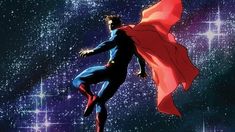 a man dressed as superman flying through the air with stars in the sky behind him