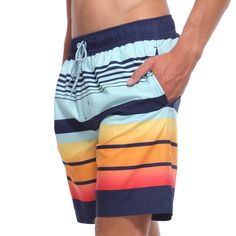 This Rokka&Rolla Men's 8" Stretch Swim Trunks with Mesh Lining, up to Size 2XL is your must have beachwear essential. The men's board shorts have elastic drawstring waistband closure. It is also equipped with UPF 50+ for enhanced UV sun protection. With breathable, mesh fabric to allow you to remain lightweight when swimming. These men's 8" inseam swim trunks with quick-dry microfibers help improve the water-resistance in your swimsuit. It helps dry faster when you are out from the water-based s Multicolor Casual Swim Trunks For Beach Season, Casual Multicolor Swim Trunks For The Beach, Sporty Striped Swim Trunks For Summer, Sporty Striped Swimwear For Beach Season, Striped Swim Trunks For Beach, Vertical Stripes Swimwear For Beach Season, Striped Swim Trunks For Beach Season, Vertical Striped Swimwear For Summer Poolside, Striped Swim Trunks For Summer Vacation